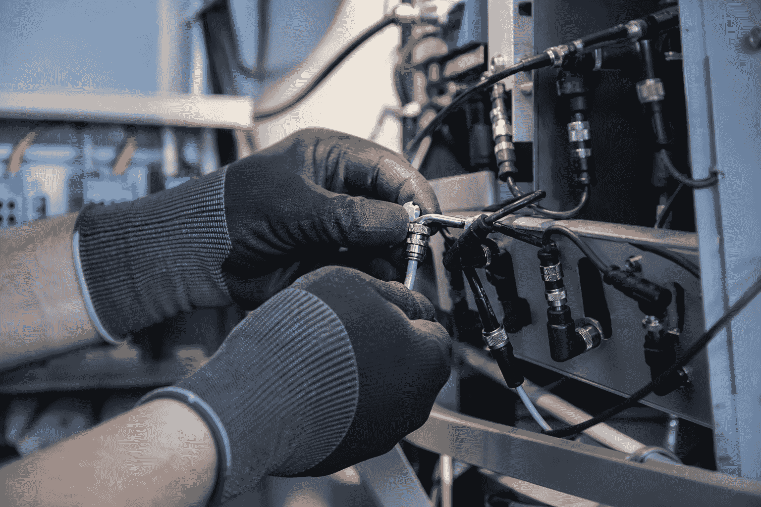 Technician installing M8 circular connector on industrial equipment Technician installing M8 circular connector on industrial equipment